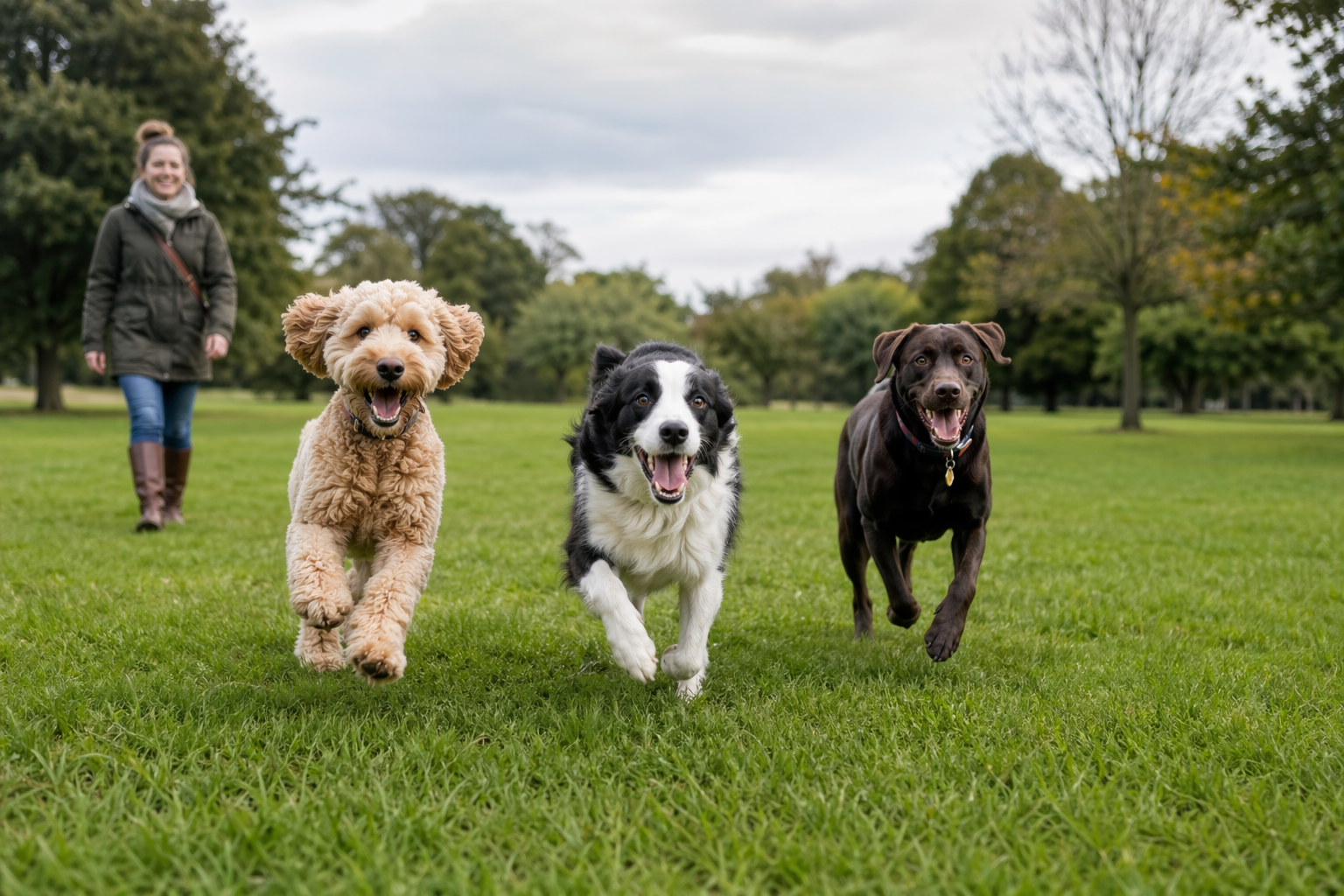 Three dogs out for a walk