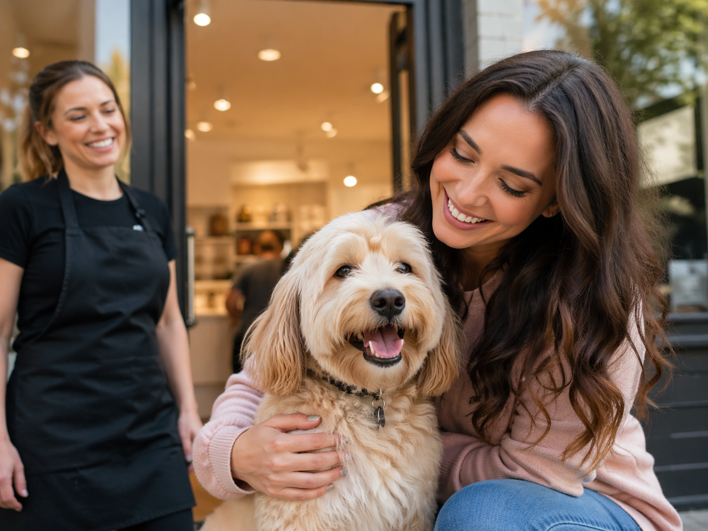 Dog owner hugging their pet at a grooming shop